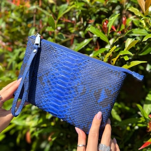 Può includere: Una pochette blu con motivo a pelle di serpente. La pochette ha un cinturino da polso e una cerniera argentata. La borsa è tenuta davanti a uno sfondo verde e frondoso.