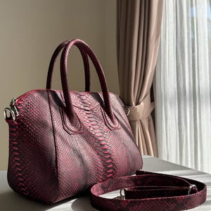 Wine Red Python Leather Handbag: Handmade Exotic Purse with Strap