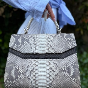 Python Leather Top Handle Bag: Beige & Black Accent, Handmade