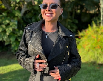 Handmade Python Leather Biker Jacket: Custom Fit Women's Motorcycle Jacket