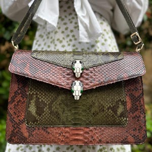 Python Leather Shoulder Bag, Snakeskin Statement Handbag, Exotic Leather Purse, Two Tone Bag, Luxury Crossbody Bag, Handmade Gift for Her