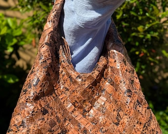 Bolsa tote de couro de píton trançado à mão: bolsa estilo boho hobo de luxo