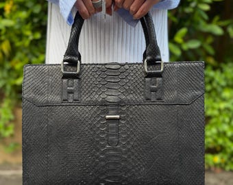 Maletín de piel de pitón auténtica, bolso para portátil negro de 13 pulgadas, bolso de trabajo exótico hecho a mano, bolso para documentos de negocios, bolso de oficina unisex