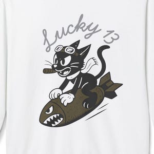 WWII Bomber Nose Art Sweatshirt | Lucky 13 Cartoon Cat Design