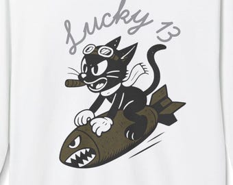 Sudadera con diseño de la nariz de un bombardero de la Segunda Guerra Mundial / Diseño de gato de dibujos animados Lucky 13