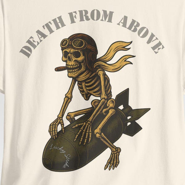 WWII Bomber Nose Art T-Shirt: Lucky Strike Skull Pilot