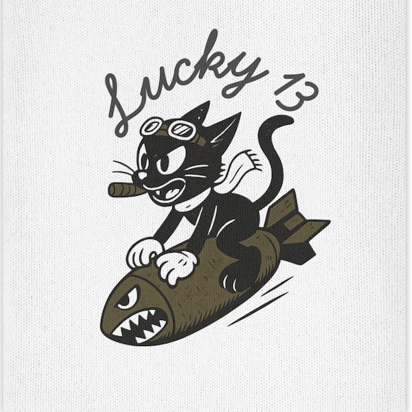 Lucky 13 WWII Nose Art Can Cooler, Black Cat Bomber Pilot, Vintage Warbird Koozie