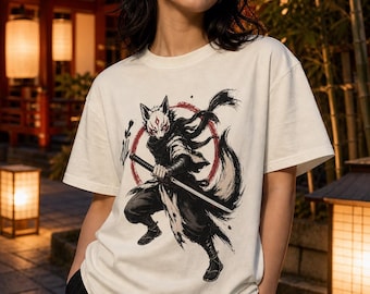 Koszulka Kitsune Ninja, koszulka z samurajem z maską lisa, grafika tuszem anime