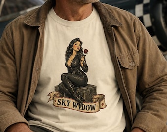 Koszulka z nadrukiem Sky Widow Nose Art, koszulka bomberka z czasów II wojny światowej, Femme Fatale