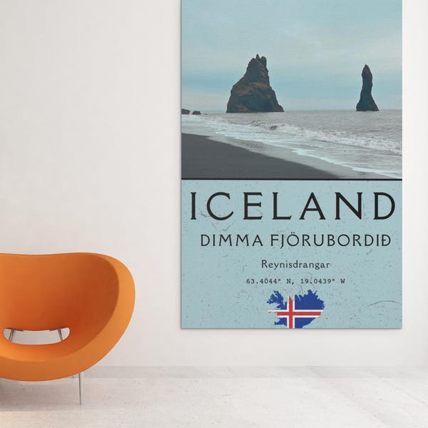 Iceland Travel Poster, Reynisfjara Black Sand Beach Art, Nordic Wall Decor