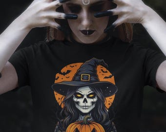 骸骨魔女ハロウィンシャツ、ゴシックパンプキンTシャツ、不気味な季節