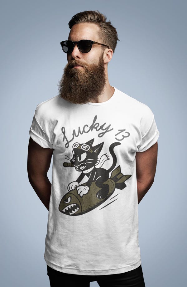 WWII Bomber Nose Art T-shirt | Lucky 13 Cartoon Cat | Vintage Aviation