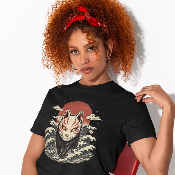 Japanese Fox Spirit Kitsune Mask T-Shirt, Vintage Ukiyo-e Woodblock Graphic Tee