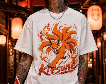Koszulka Flame Kitsune, japońska koszulka z motywem ducha ognistego lisa, anime yokai art