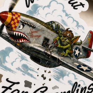 WWII Nose Art Gremlin-sticker, vintage Warbird-luchtvaartsticker, pilootcadeau