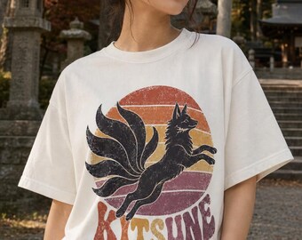 Koszulka Retro Kitsune, koszulka z japońskim lisem w stylu vintage, zachód słońca Yokai z lat 70.