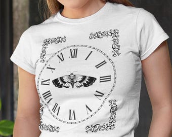 Death's-head Moth Clock T-Shirt, Dark Academia Gothic Whimsigoth Memento Mori