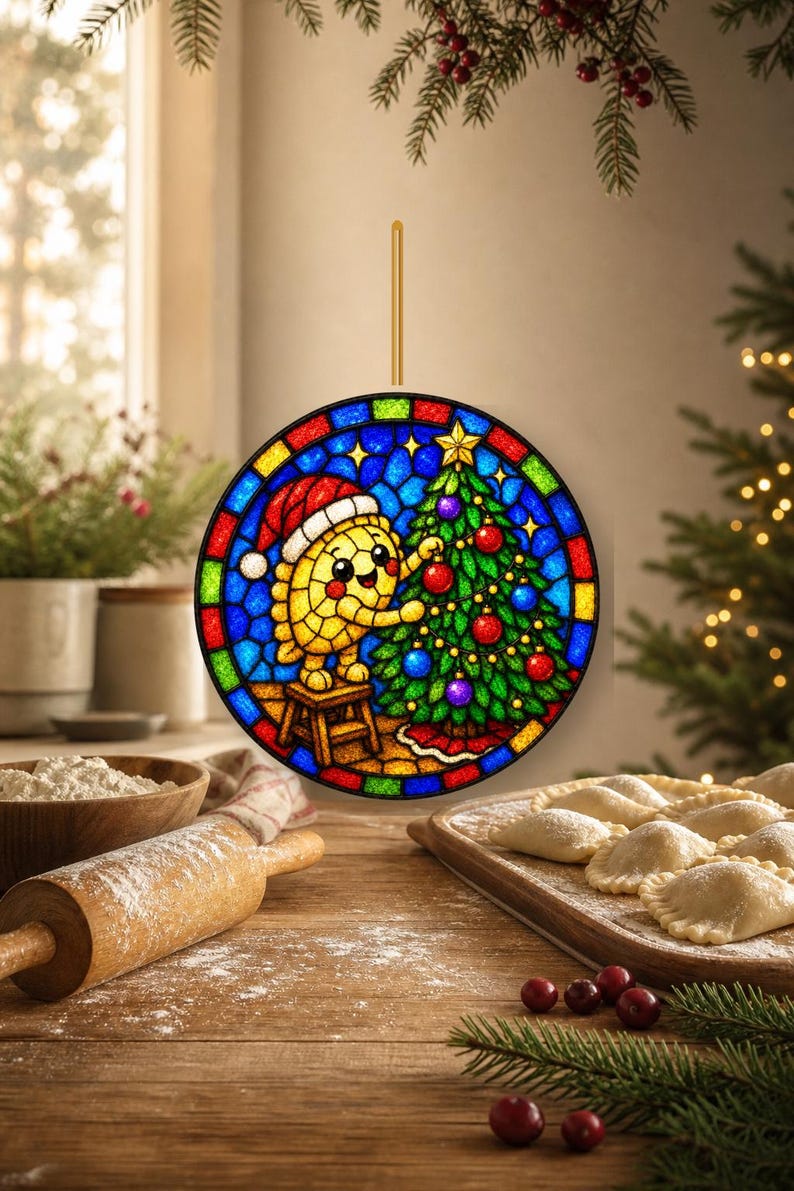Puede incluir: Un adorno circular de vidriera que muestra un personaje de masa relleno de color amarillo con un gorro de Pap&aacute; Noel, de pie sobre un taburete peque&ntilde;o para decorar un &aacute;rbol de Navidad verde con adornos rojos y azules, con un borde de mosaico.