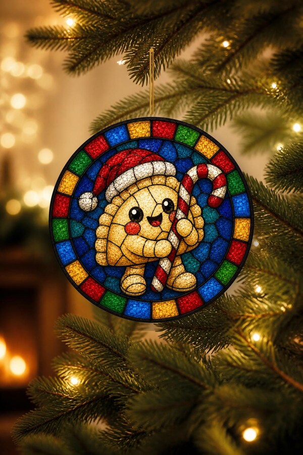 Candy Cane Pierogi Ornament, Stained Glass Polish Christmas Decor, Kawaii