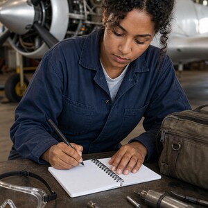 May include: A dark blue jumpsuit, a white spiral-bound notebook, a black pen, clear safety goggles, a metal wrench with a red handle, a metal pneumatic tool, and a brown canvas tool bag are arranged on a dark workbench in an aircraft hangar.