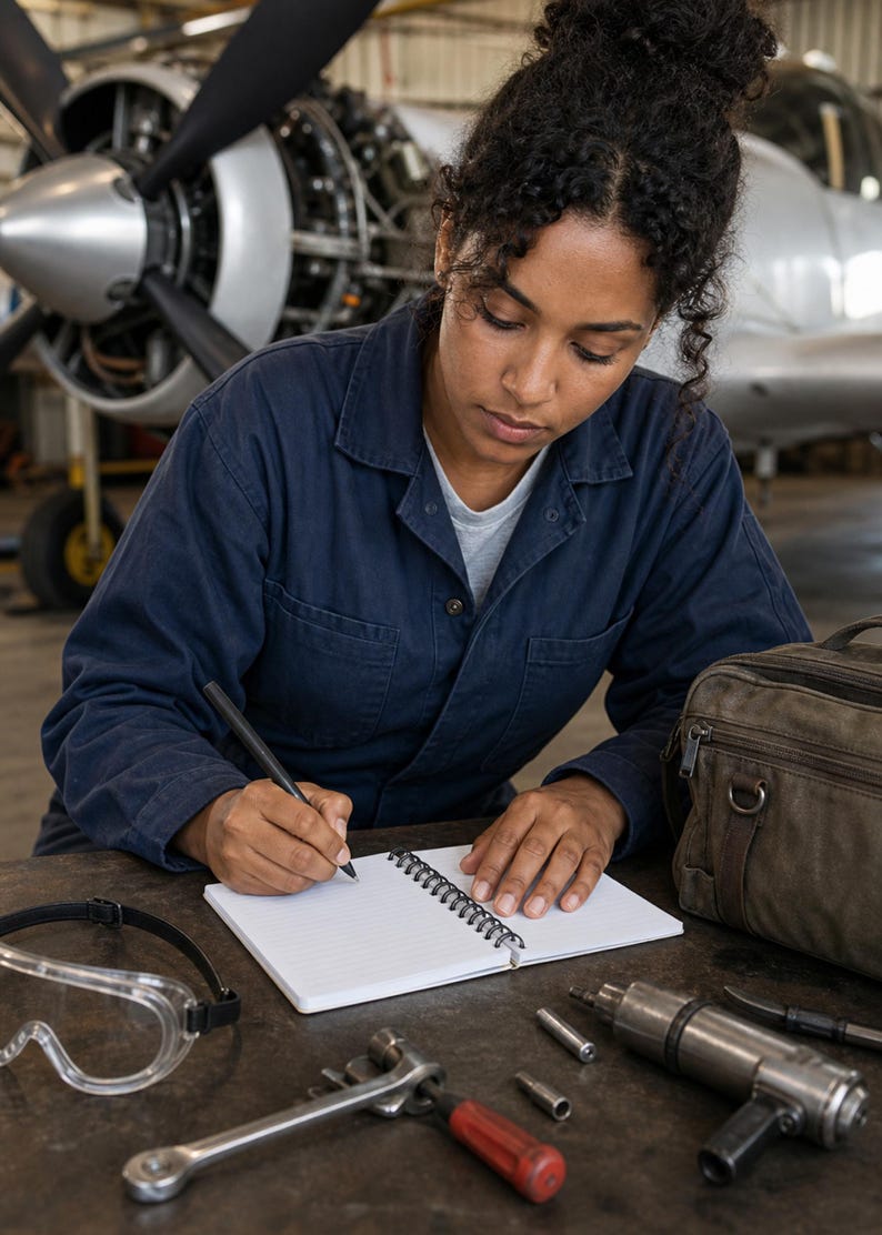 May include: A dark blue jumpsuit, a white spiral-bound notebook, a black pen, clear safety goggles, a metal wrench with a red handle, a metal pneumatic tool, and a brown canvas tool bag are arranged on a dark workbench in an aircraft hangar.