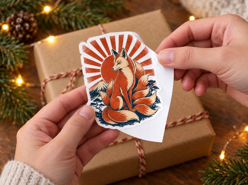 May include: A die-cut sticker featuring a multi-tailed fox sitting in front of a large red sun, with a mountain silhouette and dark blue landscape elements at the base. The design uses a vibrant color palette of orange, red, and deep blue tones.