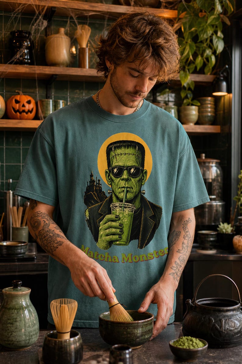 Może przedstawiać: Turkusowy t-shirt z okrągłym dekoltem i grafiką przedstawiającą zielonego potwora w okularach przeciwsłonecznych, pijącego zielony nap&oacute;j. Wz&oacute;r zawiera ż&oacute;łte koło w tle, sylwetkę ciemnego zamku oraz ż&oacute;łty napis Matcha Monster.
