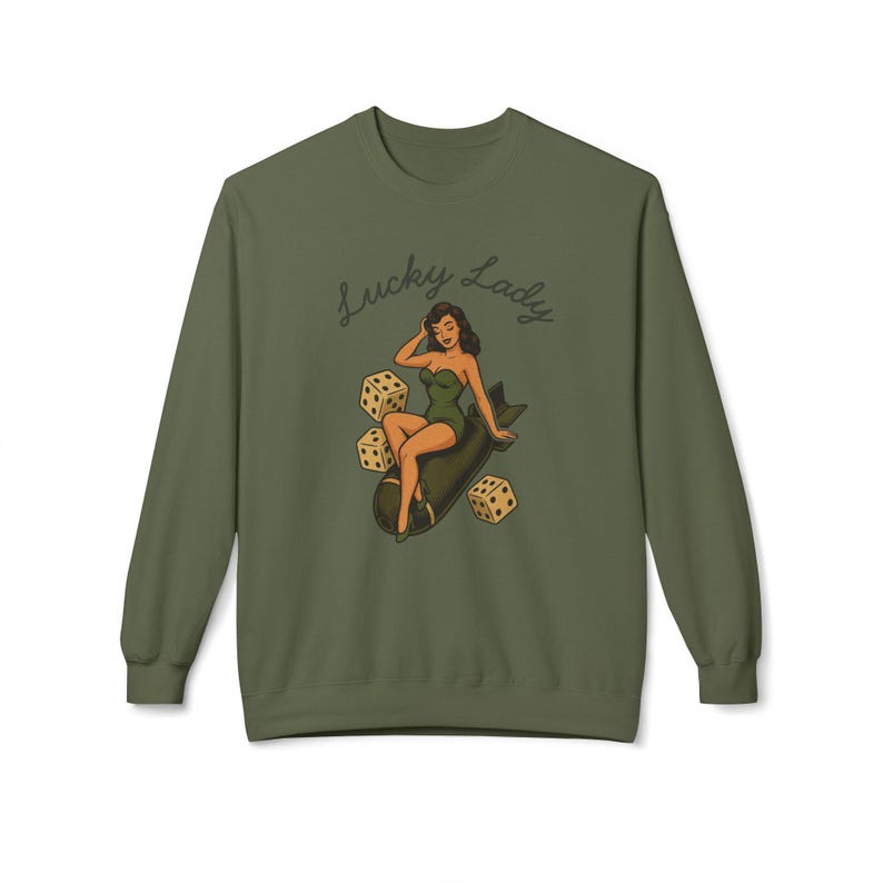 Vintage Pin Up Sweatshirt, WWII Nose Art Crewneck, Rockabilly Bombshell Aviation Top image 10