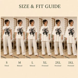 May include: A size and fit guide for a white t-shirt featuring a graphic of a warrior in a mask with a sword. The chart displays six variations ranging from size S to 3XL, showing fitted, relaxed, and oversized silhouettes on a neutral background.