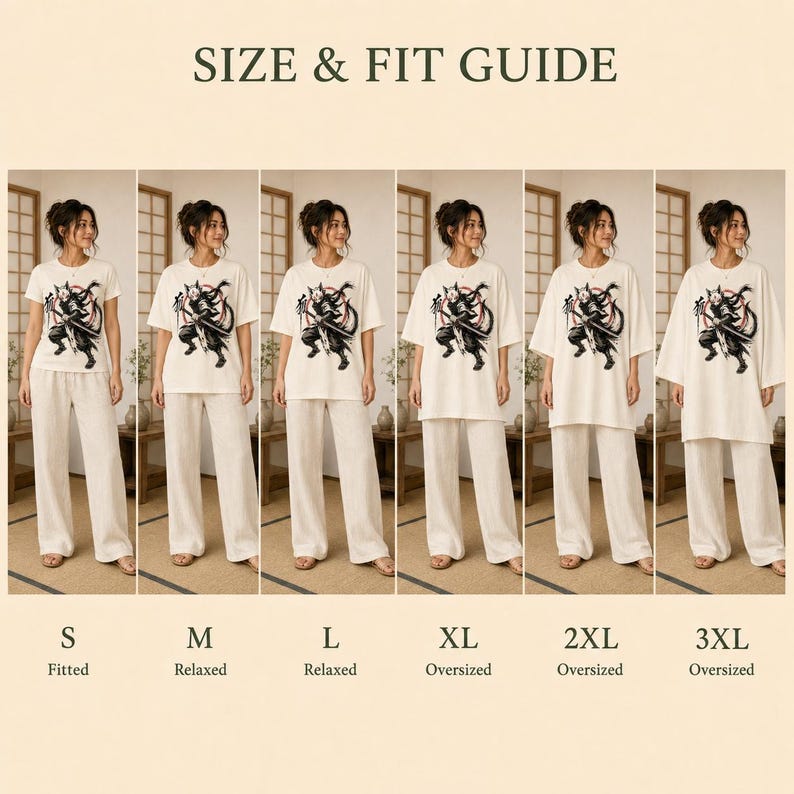 May include: A size and fit guide for a white t-shirt featuring a graphic of a warrior in a mask with a sword. The chart displays six variations ranging from size S to 3XL, showing fitted, relaxed, and oversized silhouettes on a neutral background.