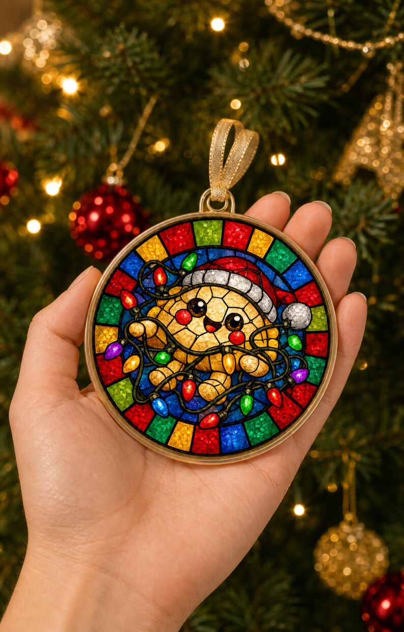 May include: A round stained glass ornament featuring a smiling turtle wearing a red and white Santa hat, tangled in colorful Christmas lights. The design is framed by a gold border with a gold ribbon loop for hanging, set against a dark background.