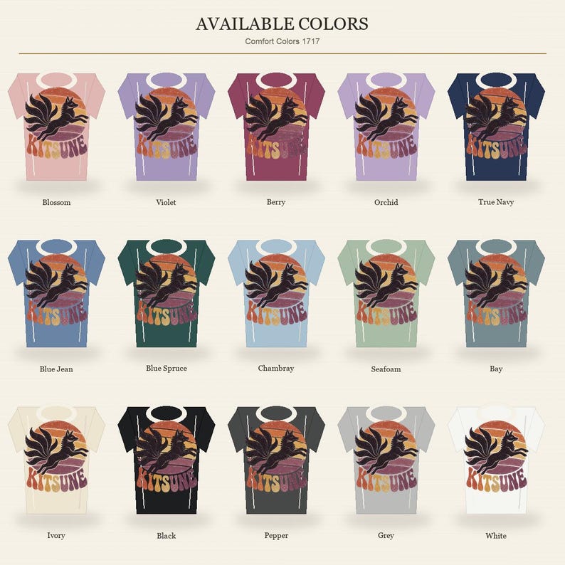 May include: A color chart displaying fifteen t-shirts in various shades including blossom, violet, berry, orchid, true navy, blue jean, blue spruce, chambray, seafoam, bay, ivory, black, pepper, grey, and white, each featuring a kitsune graphic.