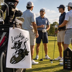 May include: A white golf towel hanging from a black golf bag, featuring a black and olive green graphic of a cartoon cat riding a bomb with the text Lucky 13. The towel is positioned in the foreground with a golf course and four golfers in the background.