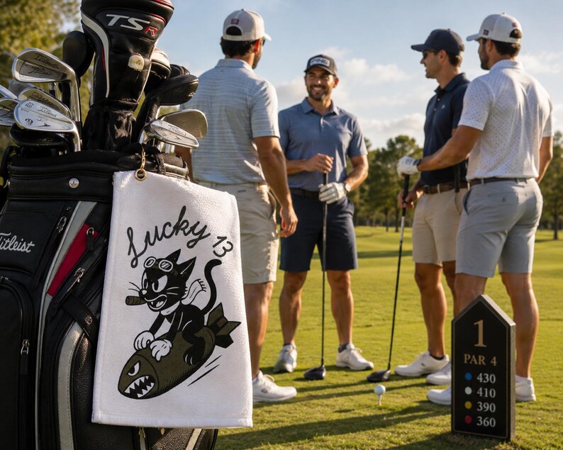 May include: A white golf towel hanging from a black golf bag, featuring a black and olive green graphic of a cartoon cat riding a bomb with the text Lucky 13. The towel is positioned in the foreground with a golf course and four golfers in the background.