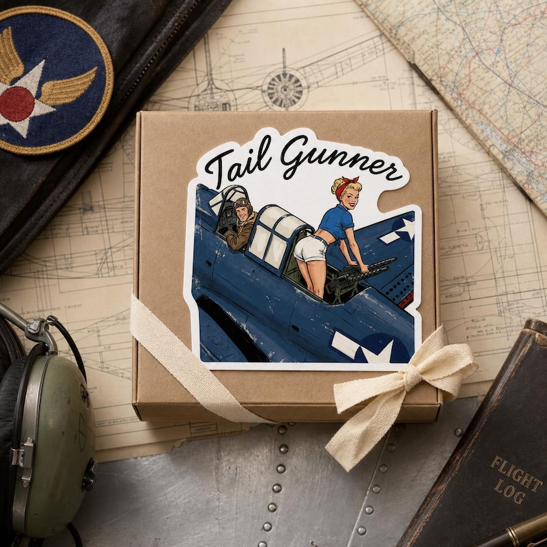 May include: A square cardboard gift box featuring a sticker with the text Tail Gunner. The sticker depicts a blue military aircraft with a pilot in the cockpit and a pin-up style figure operating a machine gun. A cream ribbon is tied around the box.