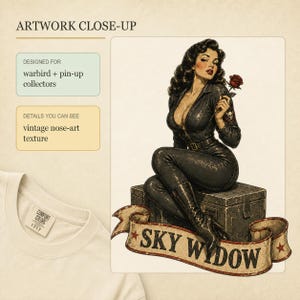 May include: A cream-colored t-shirt with a vintage-style graphic featuring a person in a black jumpsuit sitting on a crate, holding a red rose. A banner below reads SKY WIDOW with red stars. The graphic has a distressed texture and a skull patch.
