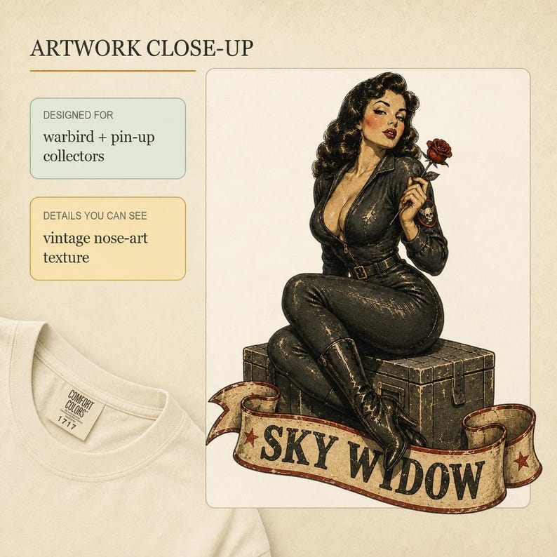 May include: A cream-colored t-shirt with a vintage-style graphic featuring a person in a black jumpsuit sitting on a crate, holding a red rose. A banner below reads SKY WIDOW with red stars. The graphic has a distressed texture and a skull patch.