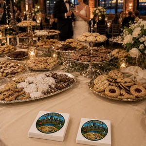 Pu&ograve; includere: Due pile di tovaglioli di carta bianchi quadrati con una colorata illustrazione circolare dello skyline di Pittsburgh, un ponte giallo e una variet&agrave; di biscotti con il testo "PITTSBURGH" e "COOKIE TABLE" stampato sul davanti.
