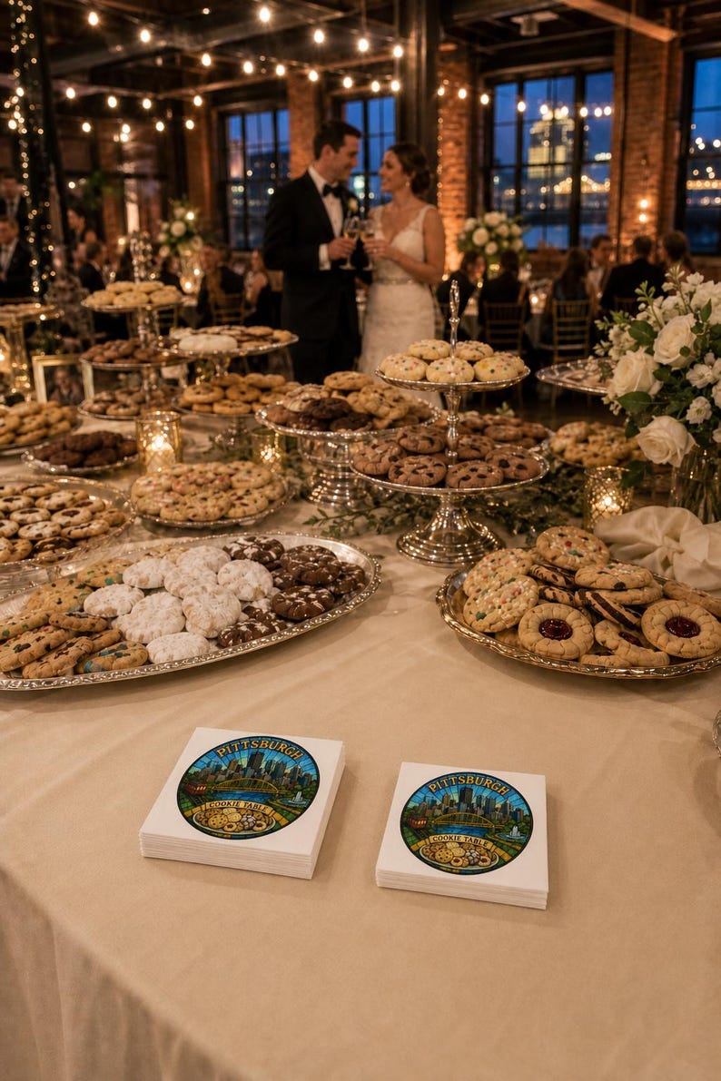 Pu&ograve; includere: Due pile di tovaglioli di carta bianchi quadrati con una colorata illustrazione circolare dello skyline di Pittsburgh, un ponte giallo e una variet&agrave; di biscotti con il testo "PITTSBURGH" e "COOKIE TABLE" stampato sul davanti.