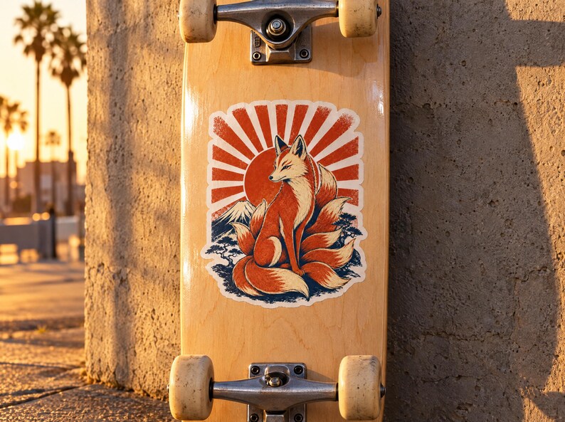 May include: A light-colored wooden skateboard deck featuring a central graphic of a multi-tailed fox sitting before a large red sun, stylized mountain peaks, and pine trees. The skateboard includes silver metal trucks and off-white wheels.