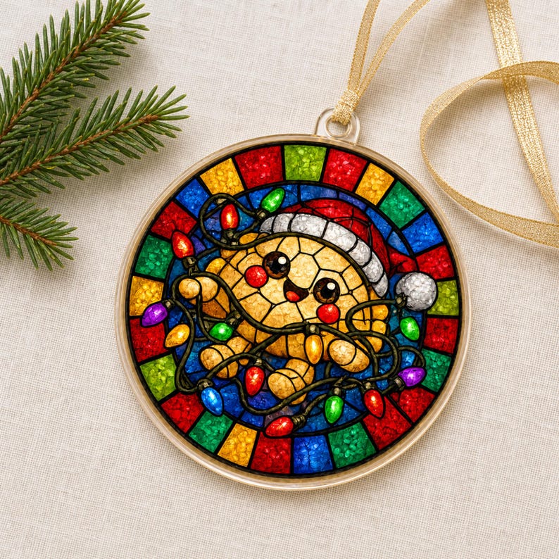 May include: A round, stained-glass style ornament featuring a yellow turtle wearing a Santa hat, tangled in colorful Christmas lights. The background consists of a mosaic of red, blue, green, and yellow glass segments, suspended by a gold ribbon.