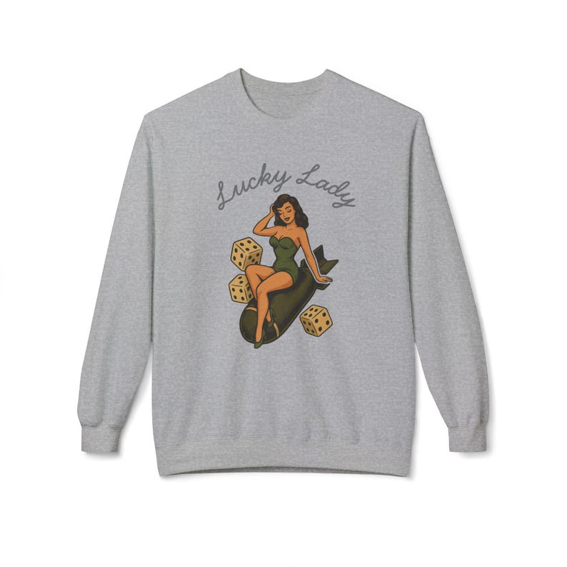 Vintage Pin Up Sweatshirt, WWII Nose Art Crewneck, Rockabilly Bombshell Aviation Top image 9