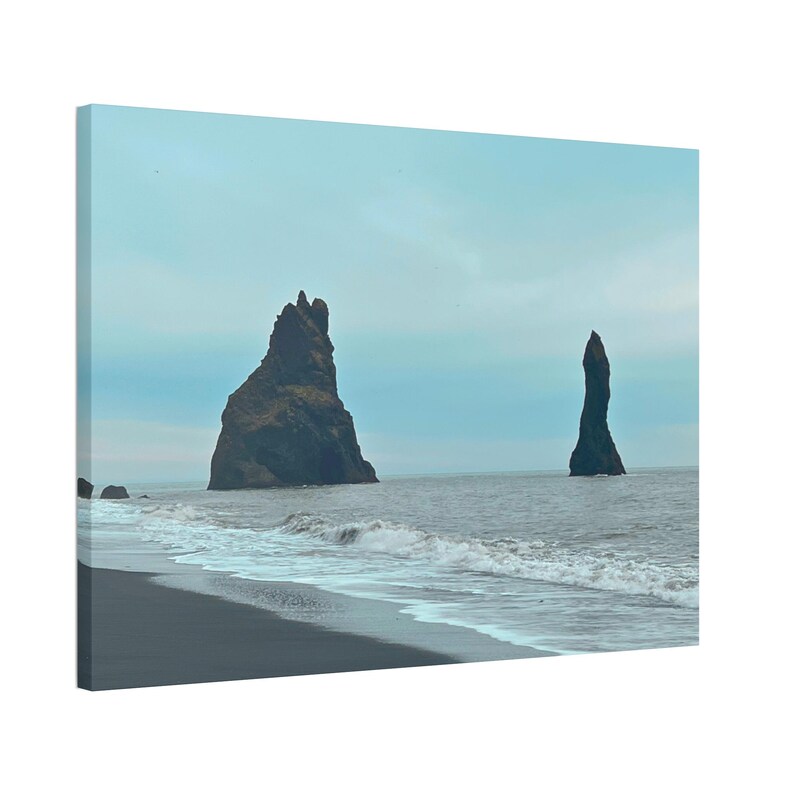 Reynisfjara Black Sand Beach Canvas, Iceland Sea Stacks Print, Nordic Coastal Landscape Decor image 4