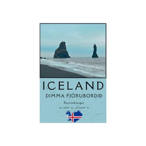 May include: A travel-themed poster featuring a scenic view of Iceland's coastline with two rock formations in the sea. The poster includes the word "ICELAND" and the location "Dimma Fjöruðbordið" with coordinates and the Icelandic flag.