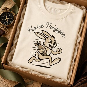 Puede incluir: Una camiseta de cuello redondo color crema con el gr&aacute;fico de un conejo corriendo que sostiene una bomba. El texto "Hare Trigger" est&aacute; impreso en una fuente oscura y curva sobre la ilustraci&oacute;n. La camiseta est&aacute; doblada dentro de una caja.