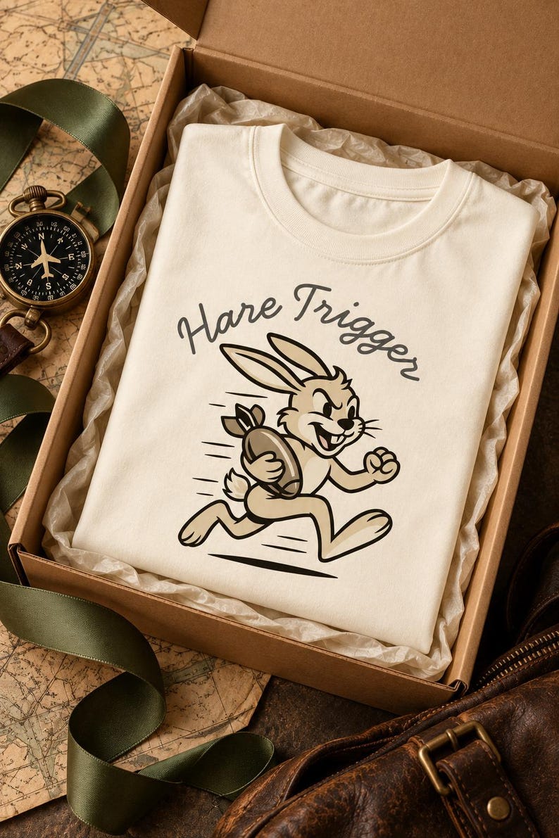 Puede incluir: Una camiseta de cuello redondo color crema con el gr&aacute;fico de un conejo corriendo que sostiene una bomba. El texto "Hare Trigger" est&aacute; impreso en una fuente oscura y curva sobre la ilustraci&oacute;n. La camiseta est&aacute; doblada dentro de una caja.