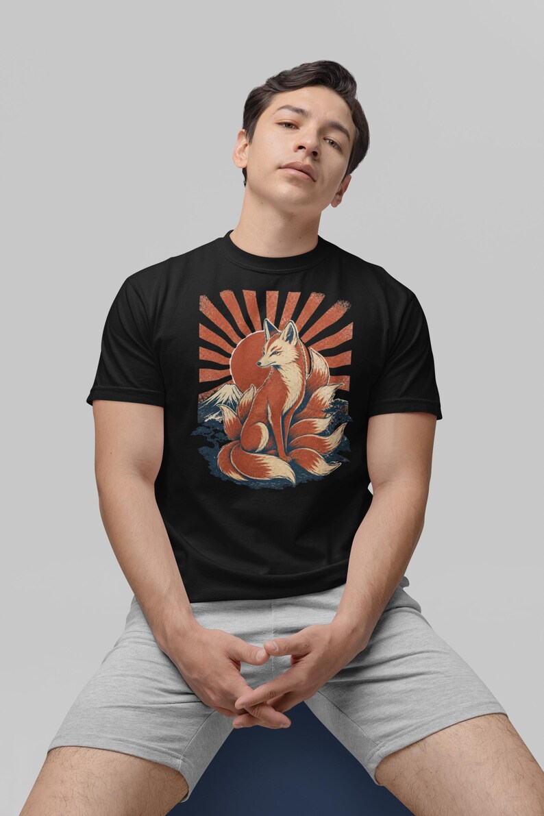 Retro Kitsune Shirt, Japanese Fox Spirit Tee, Rising Sun Folklore (Comfort Colors) image 4