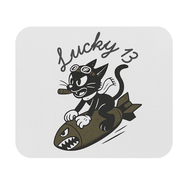 Lucky 13 Mouse Pad, WWII Nose Art Desk Mat, Retro Cat Bomb