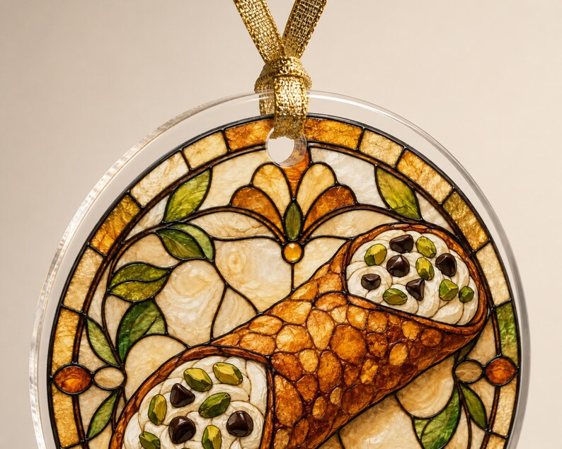 May include: A round, clear acrylic ornament featuring a stained-glass style illustration of a cannoli filled with cream, chocolate chips, and pistachios. The background displays a decorative floral pattern in amber, gold, and green tones with a gold ribbon.