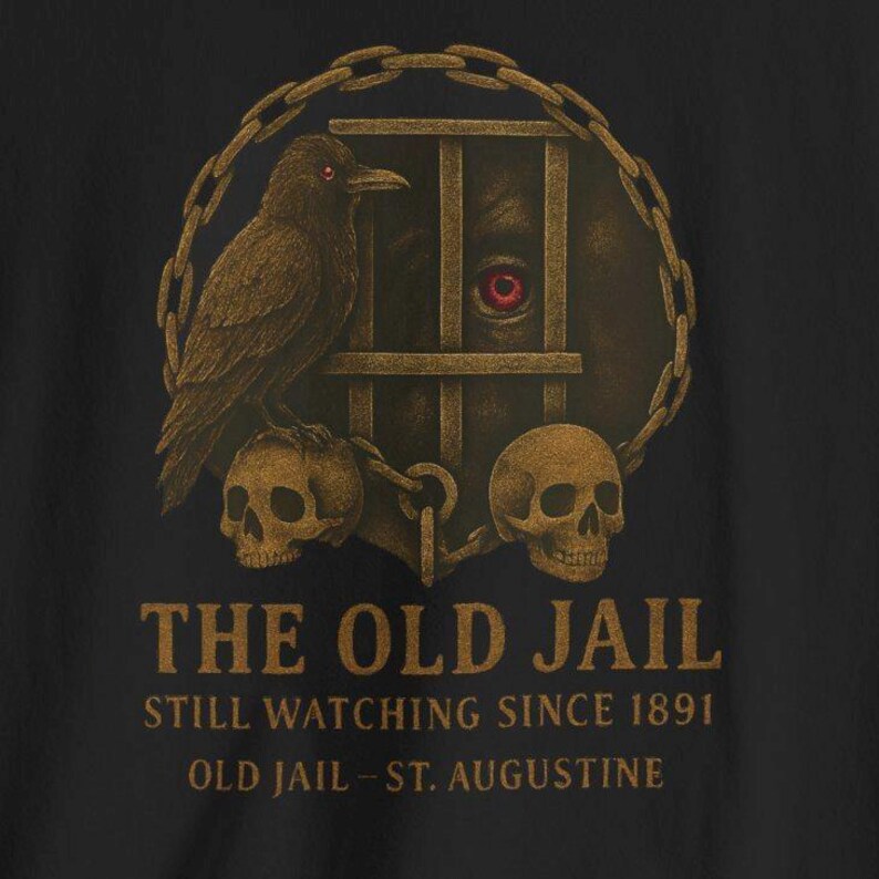 St Augustine Old Jail Haunted Tour T-Shirt: Vintage Totenkopf & Krähe Design Bild 4